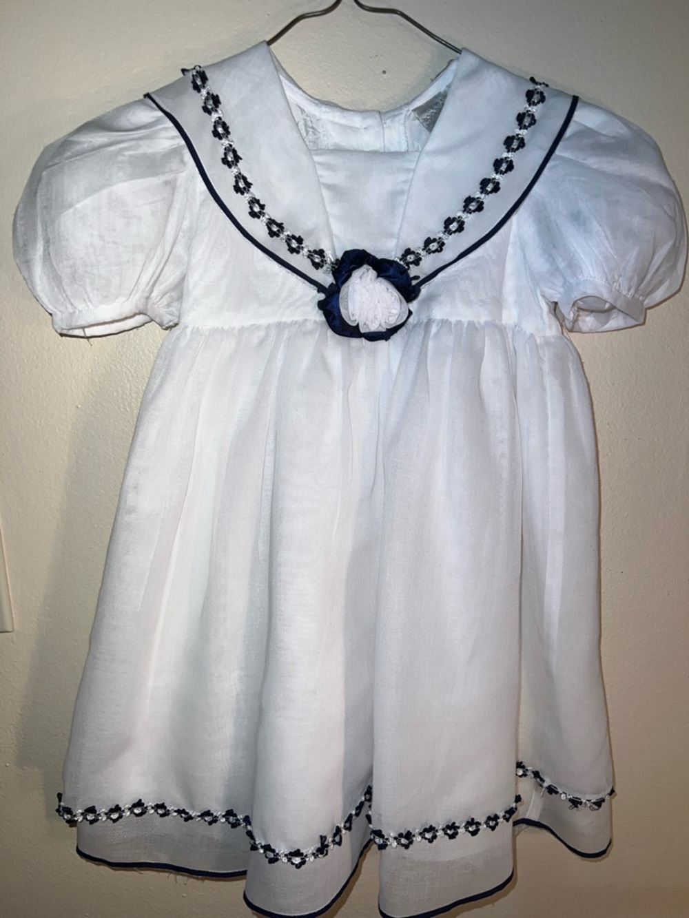 Vintage Small Treasures White Voile Party Dress With Navy Trim.